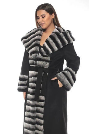 Luxury Black Cashmere Coat with Ethical Rex Fur Trim