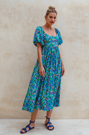 Violeta Puff Sleeve Midi Dress - Blue Sea