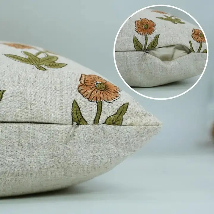 Floral Hand Block Print Boho Viscose Linen Pillow Cover- Kirti