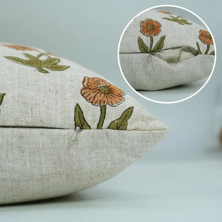 Floral Hand Block Print Boho Viscose Linen Pillow Cover- Kirti