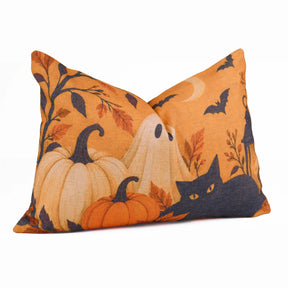 Spooky Season Linen Lumbar Pillow Cover - Ghost Black Cat