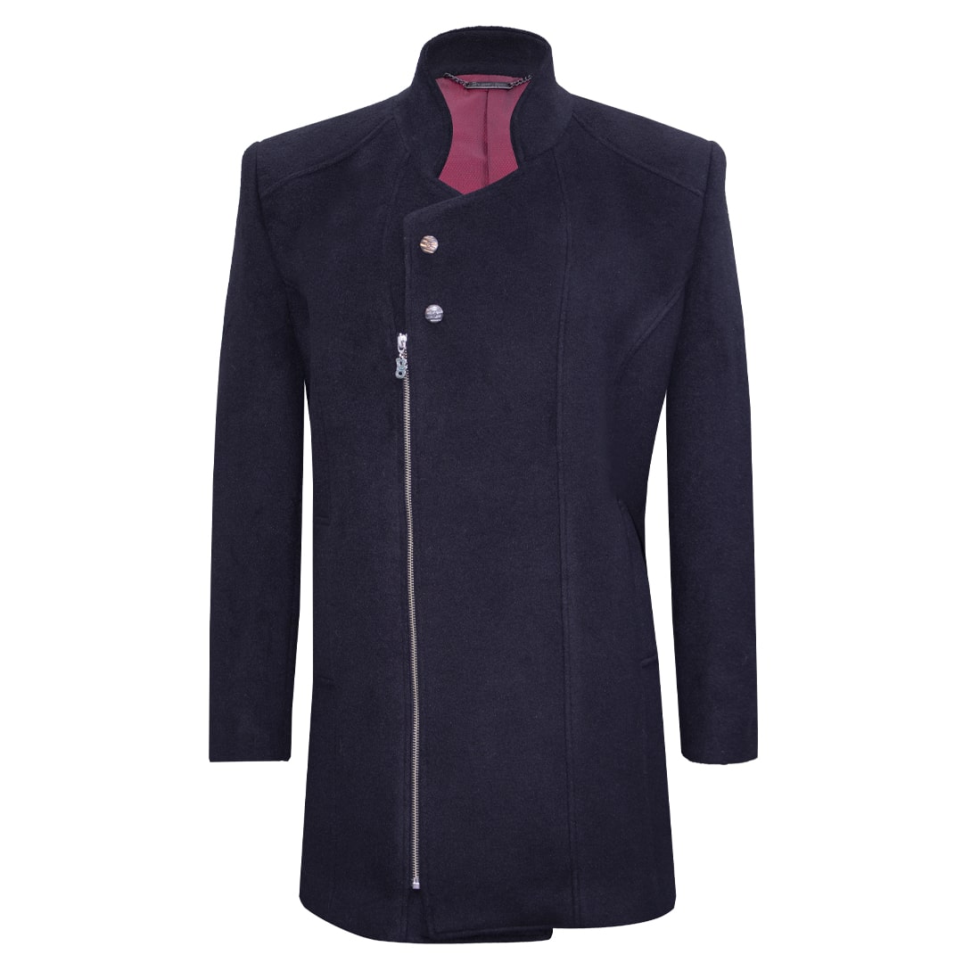 Black coat featuring zipper and snap closures
