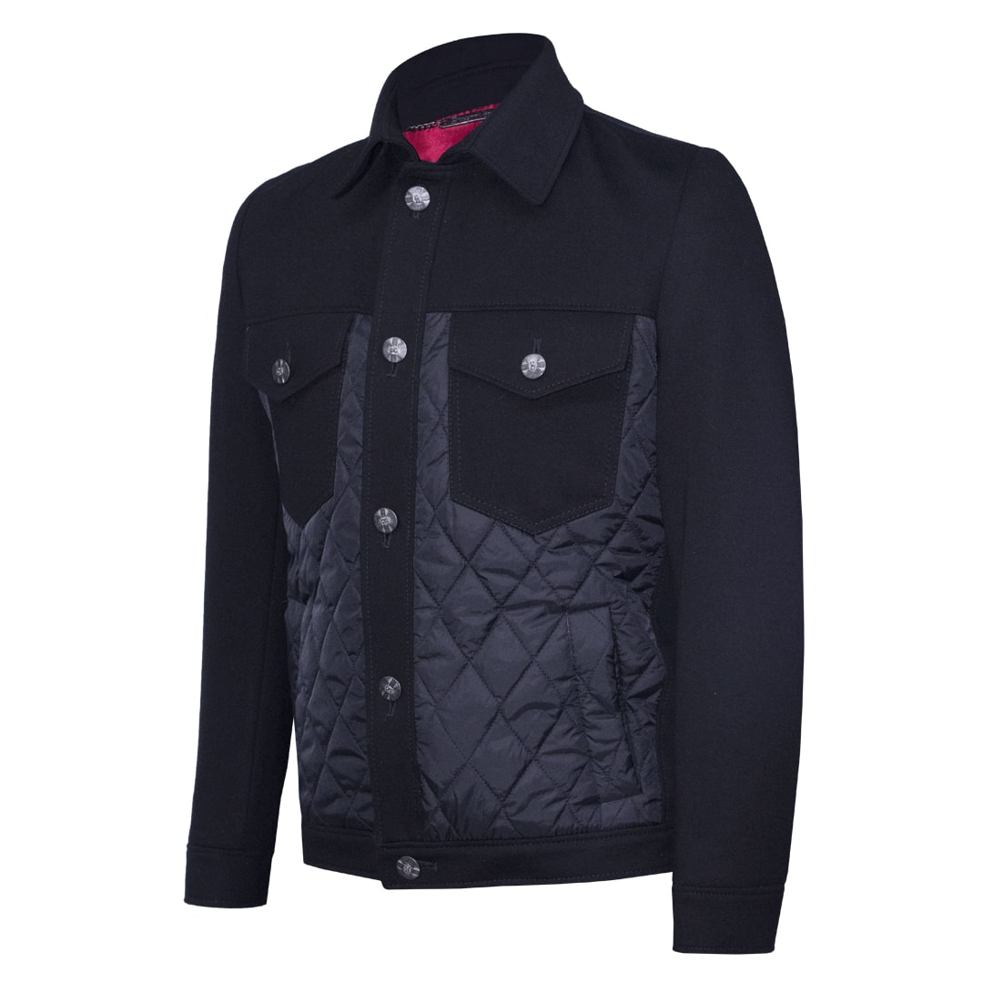 Black casual jean jacket featuring textile fabric combinations