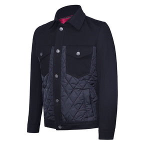 Black casual jean jacket featuring textile fabric combinations