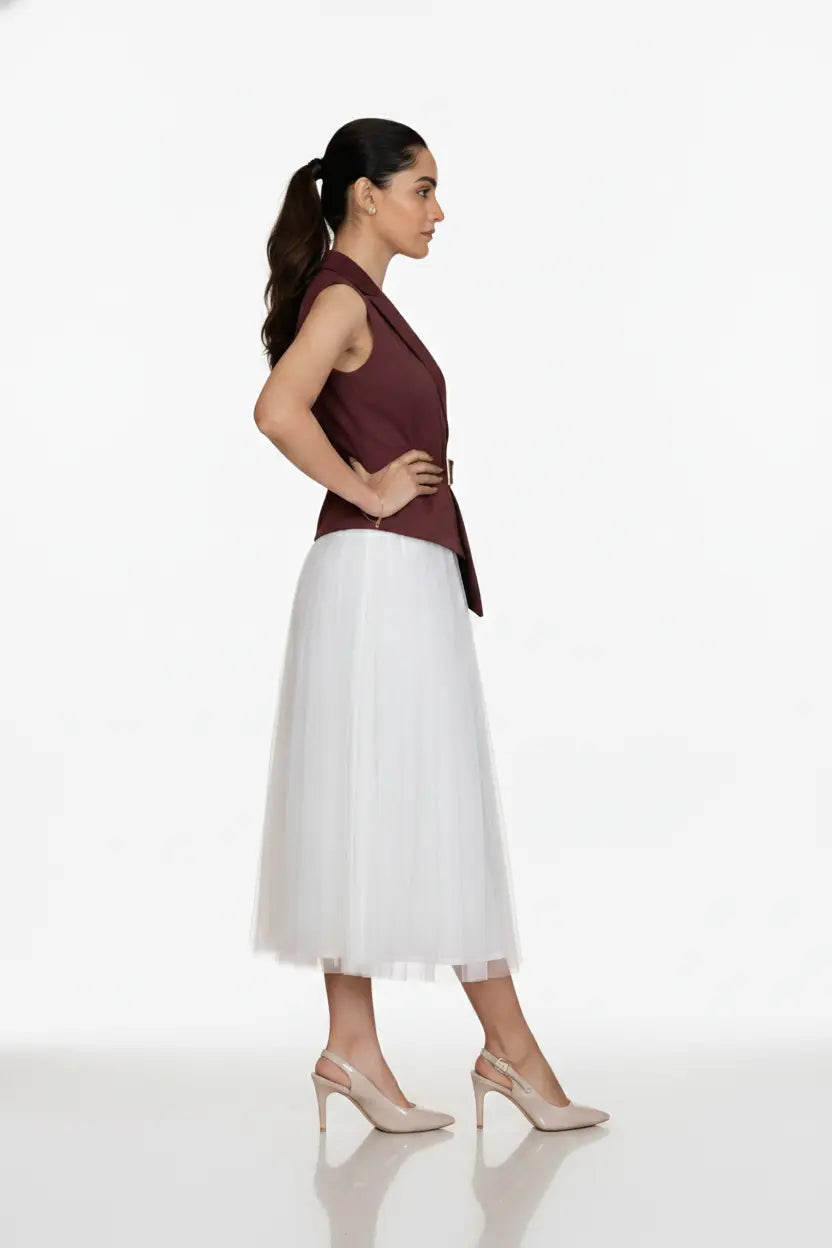 Ivory Skirt & Wine Waist Coat – Classic Contrast
