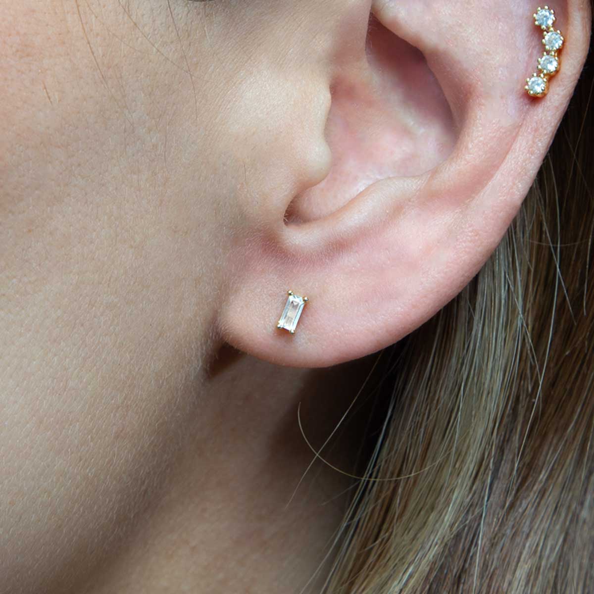 Single Baguette Flatback Sterling Silver Earring Stud