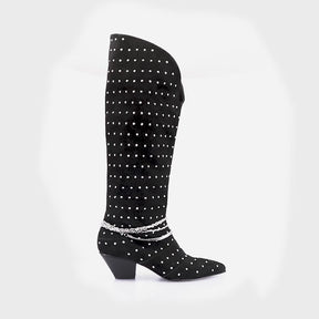 Chic Rhinestone Suede Black Boots Natu