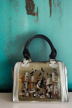 Kanda Luxury Handpainted Leather Handbag in Black, White & Gold