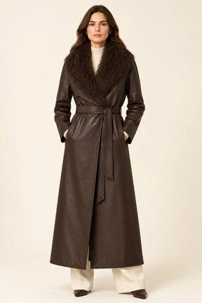 LeDark Brown Leather Trench Coat with Faux Fur Collarather