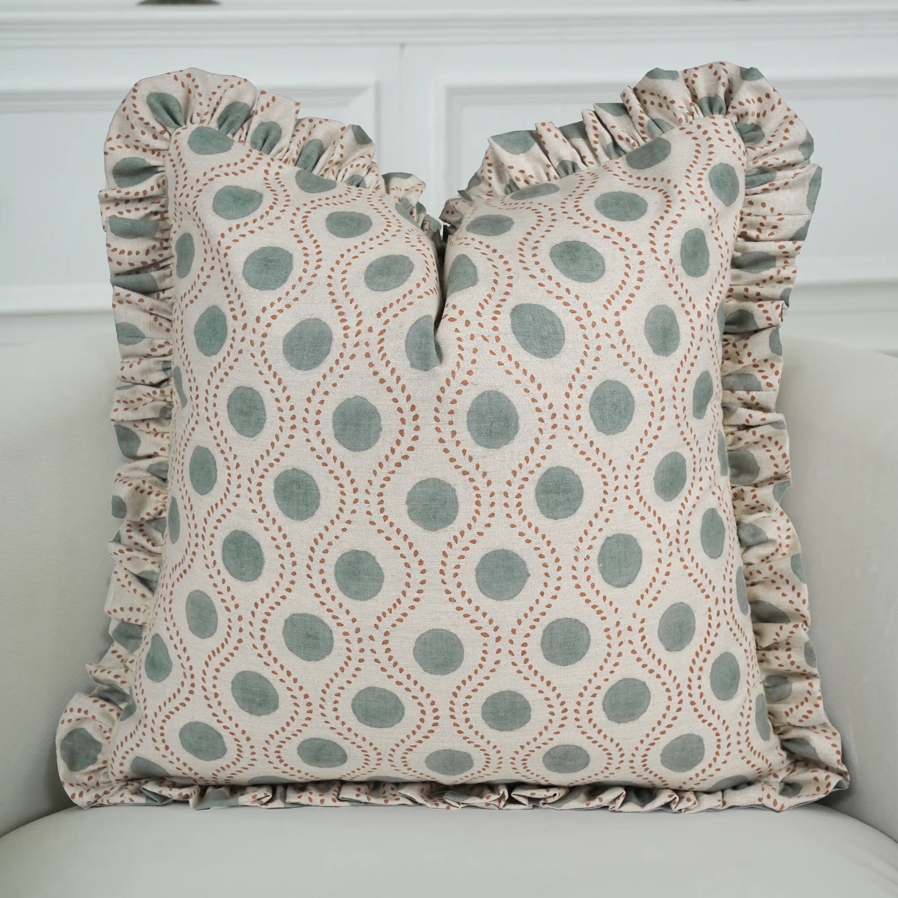 Handcrafted Block Print Linen Blend Frill Throw Pillow Cover - Raajbhog