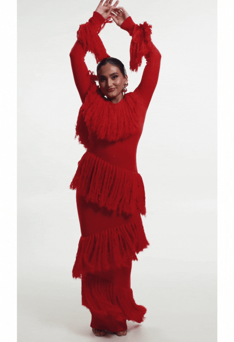 IGHO Sequin Fringe Maxi Dress in RED