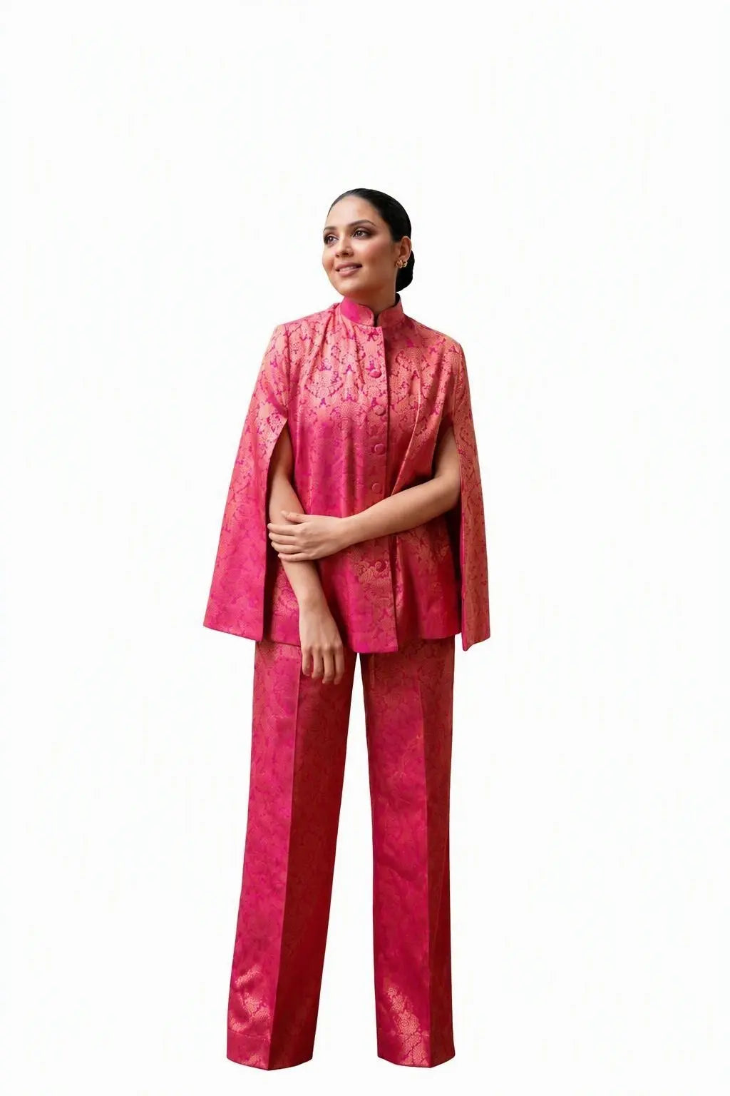 Mira Banarasi Cape Co-ord Set: Women's Fuchsia Gold Floral Indowestern Wear with Pants
