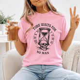 Time Waits For No Man Hourglass Skull Graphic T-Shirt | Light Pink Spooky Gothic Cotton Tee