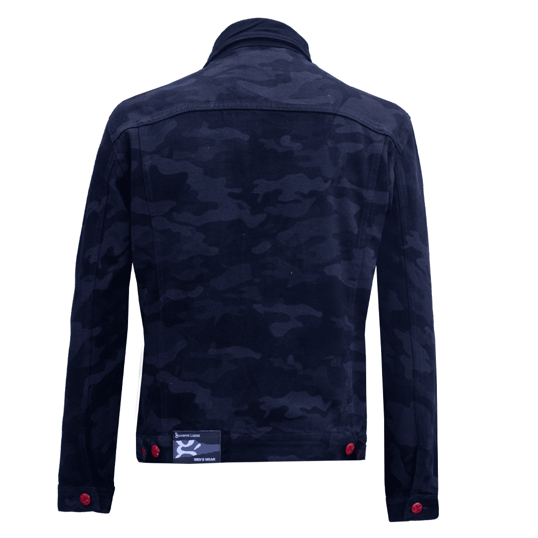 Black camo denim jacket with red buttons