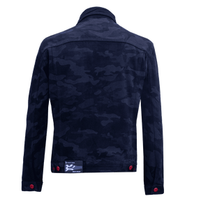 Black camo denim jacket with red buttons