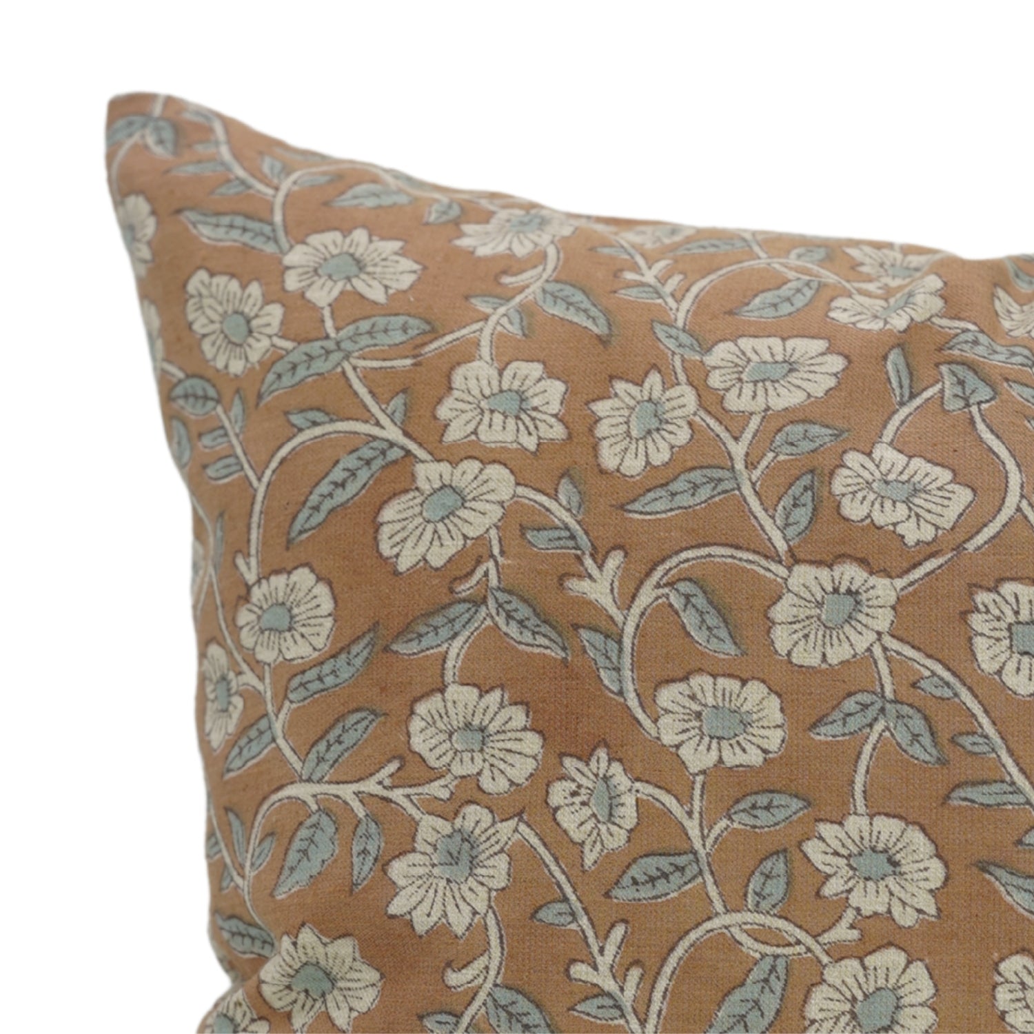 Traditional Indian Block Print Floral Linen Blend Throw Pillow Cover - Haridwar