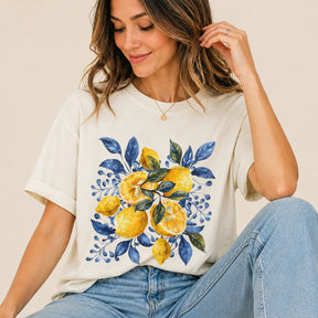 Watercolor Lemon and Blue Botanical Tee