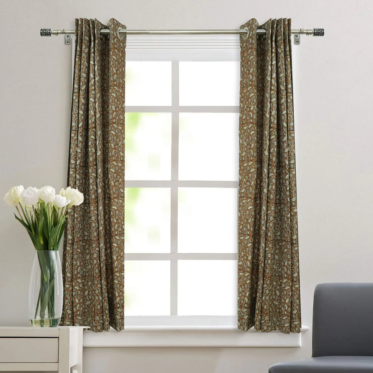 Decorative  Block Print Pure Linen Grommet Curtain - Pishta
