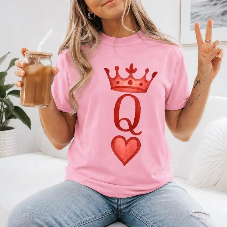 Queen of Hearts Playing Card Crown Graphic T-Shirt | Light Pink Valentine's Cotton Tee