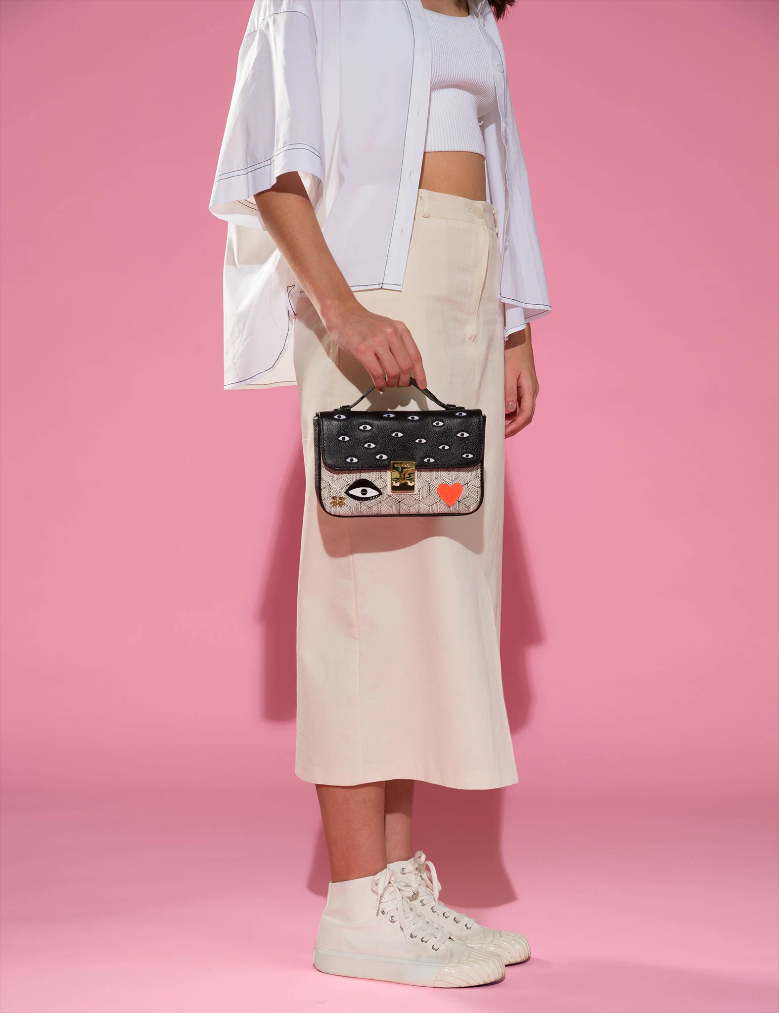 Amantis Black And Cream Leather Crossbody Mini Handbag - All Over Eyes Embroidery