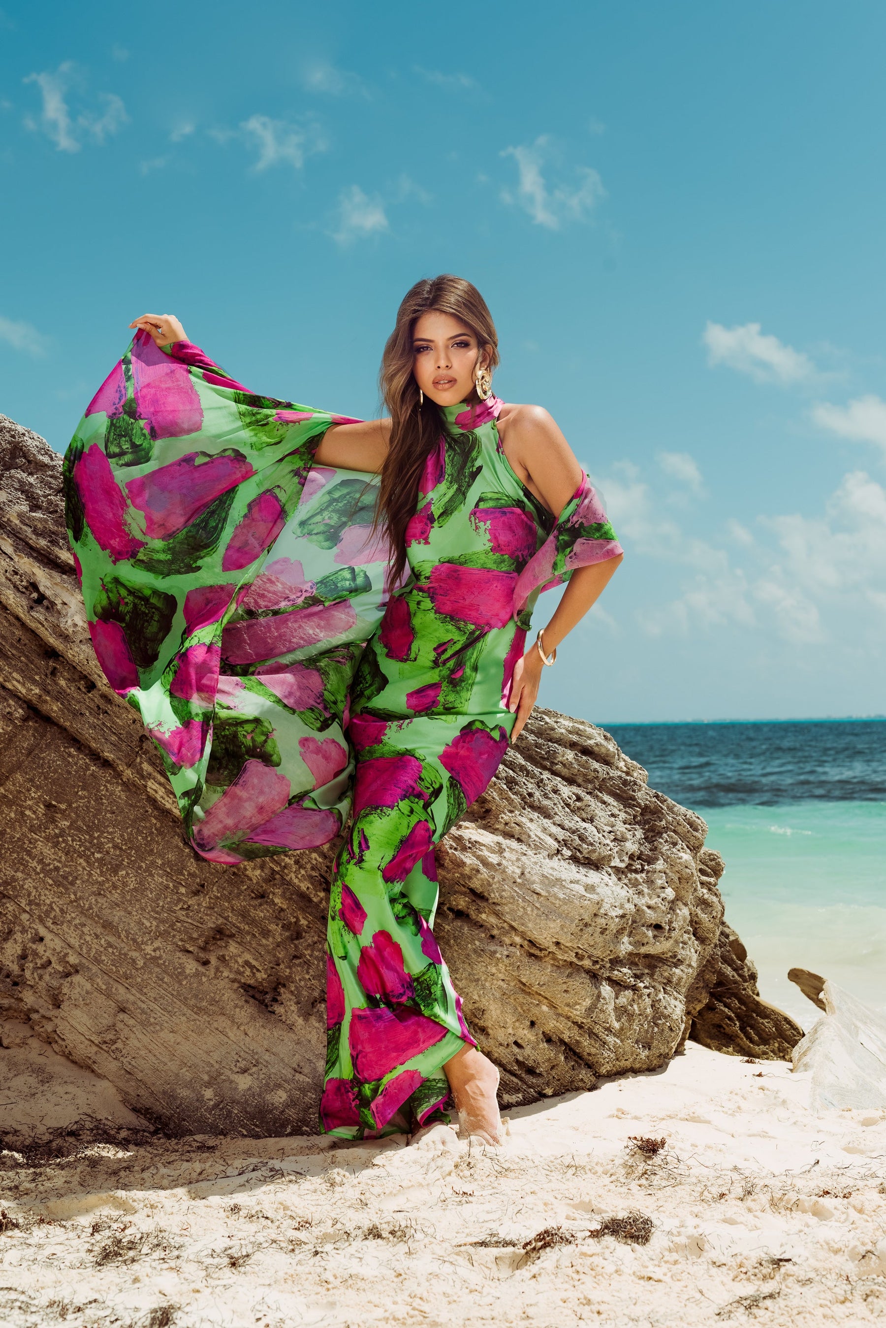 Green Magenta Blocks High Neck Bias Cut Dress