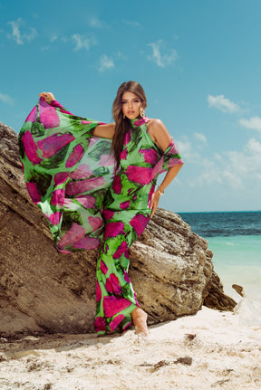 Green Magenta Blocks High Neck Bias Cut Dress