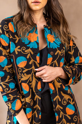 Malika Coats - Black with Teal Embroidery