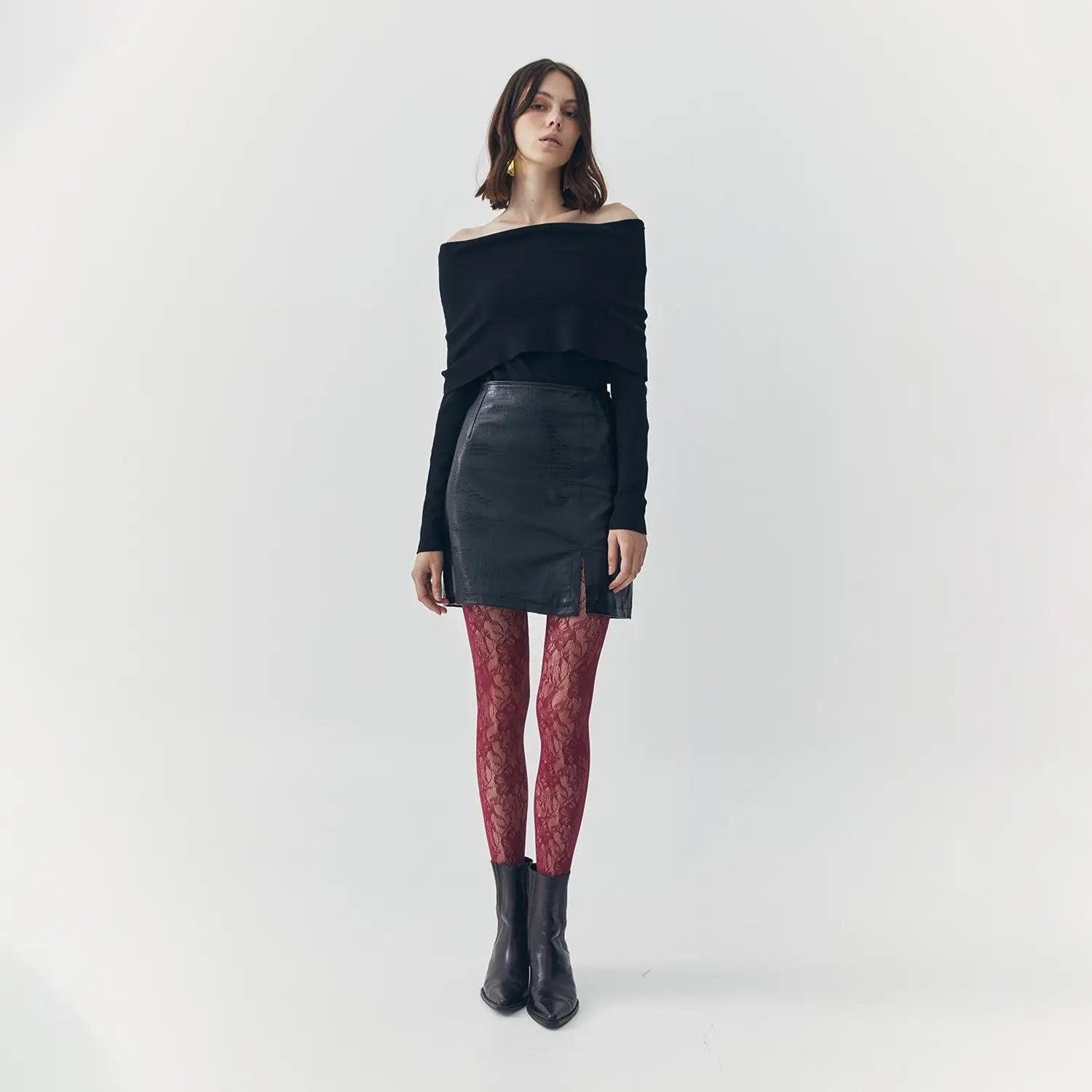 Tess Croc Embossed Leather Mini Slit Skirt
