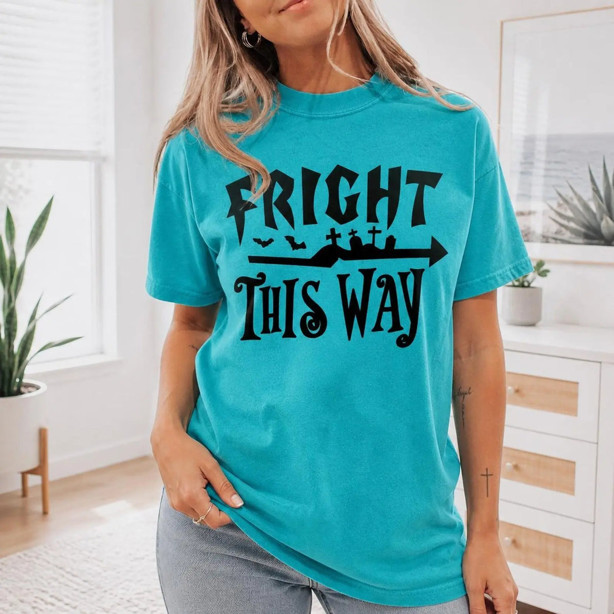 Fright This Way Halloween Graphic T-Shirt | Spooky Season Bright Teal Cotton Tee