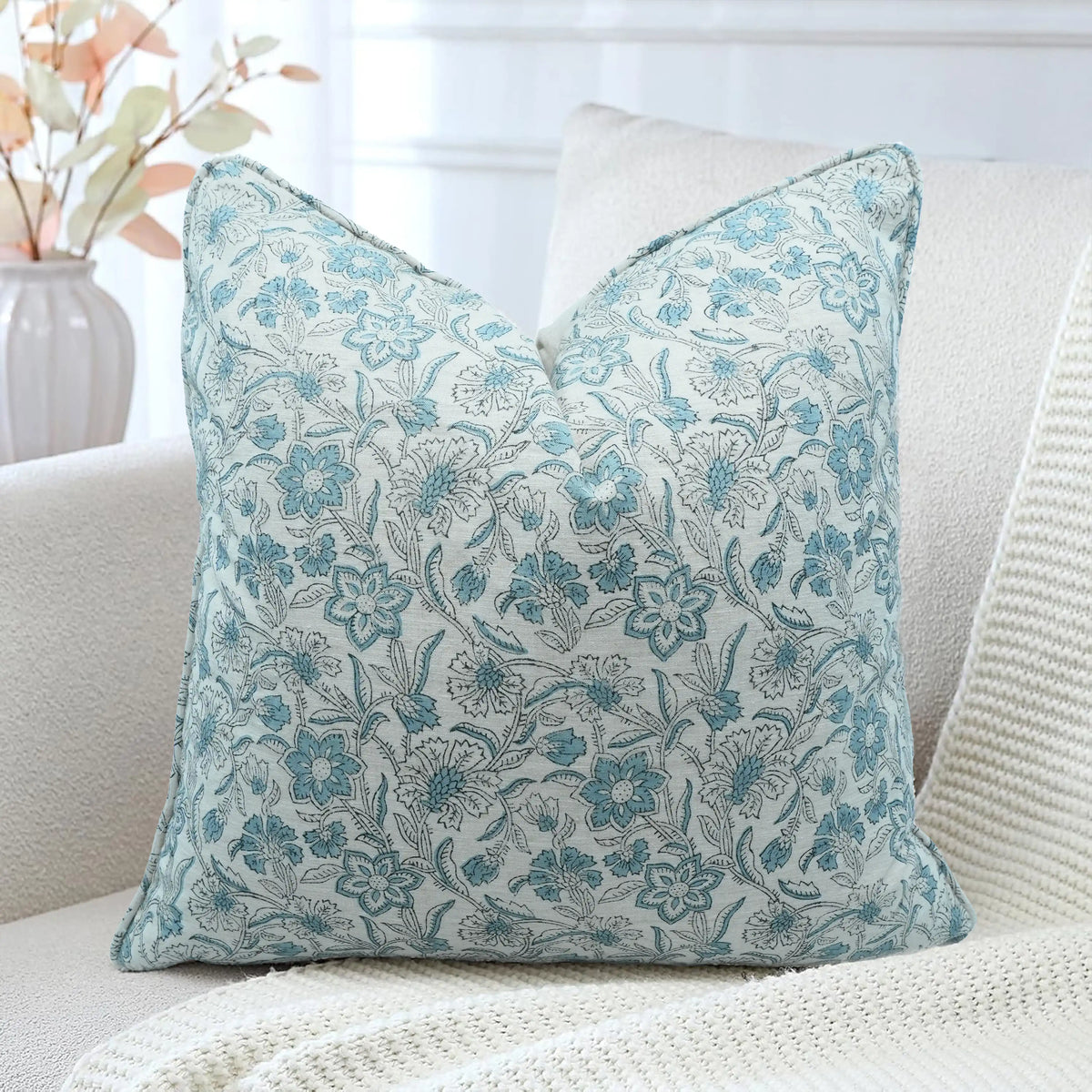 Artisan Blue Floral Linen Blend Piped Throw Pillow Cover – Jarul