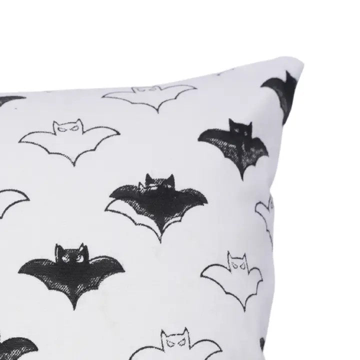Hallowen Design  Handmade Block Print Thick Cotton White Pillow Cover - Bat
