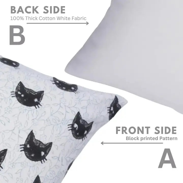Decorative Handmade Block Print Thick Cotton White Pillow Cover - Kitty