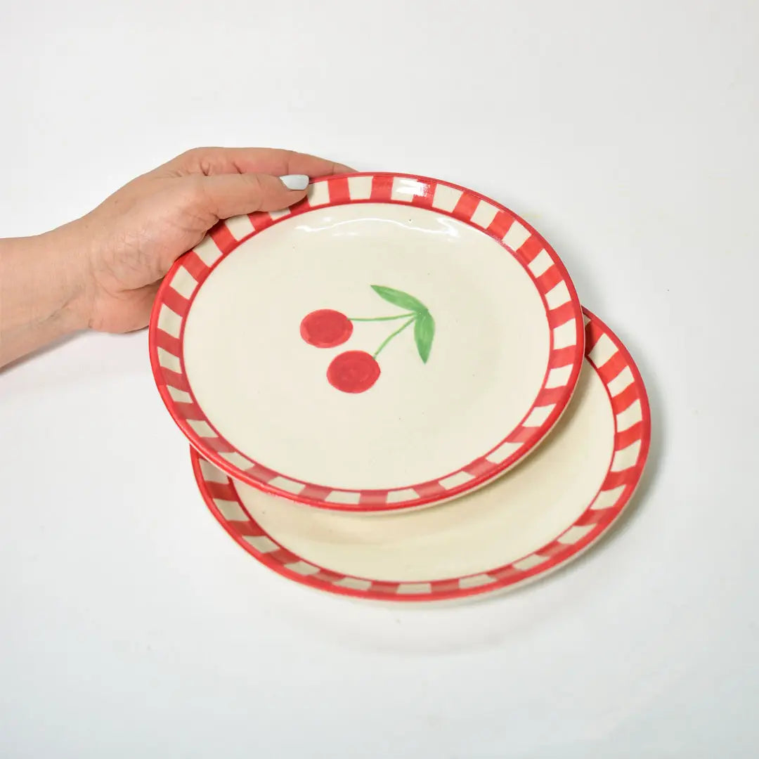 Ceramic Cherry Dessert Plate - Red , 7 Inches (Set of 2)