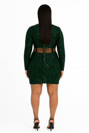 Emerald Allure Sequin Cut-Out Dress