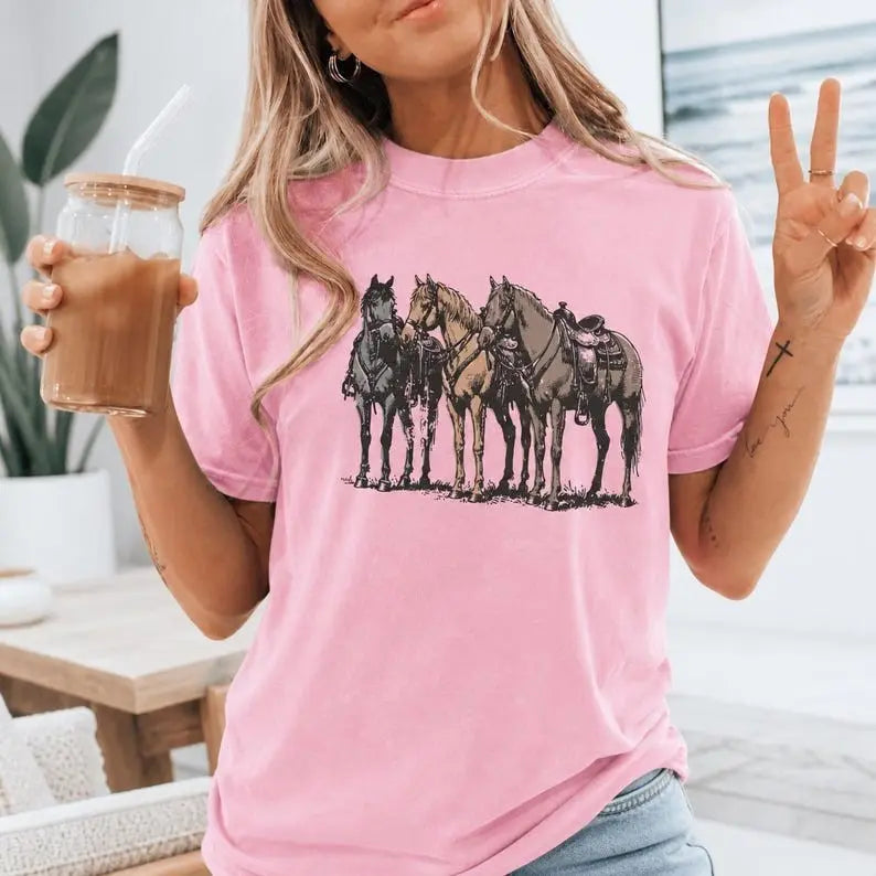 Vintage Horses Line Up Western Graphic T-Shirt | Country Equestrian Light Pink Cotton Tee