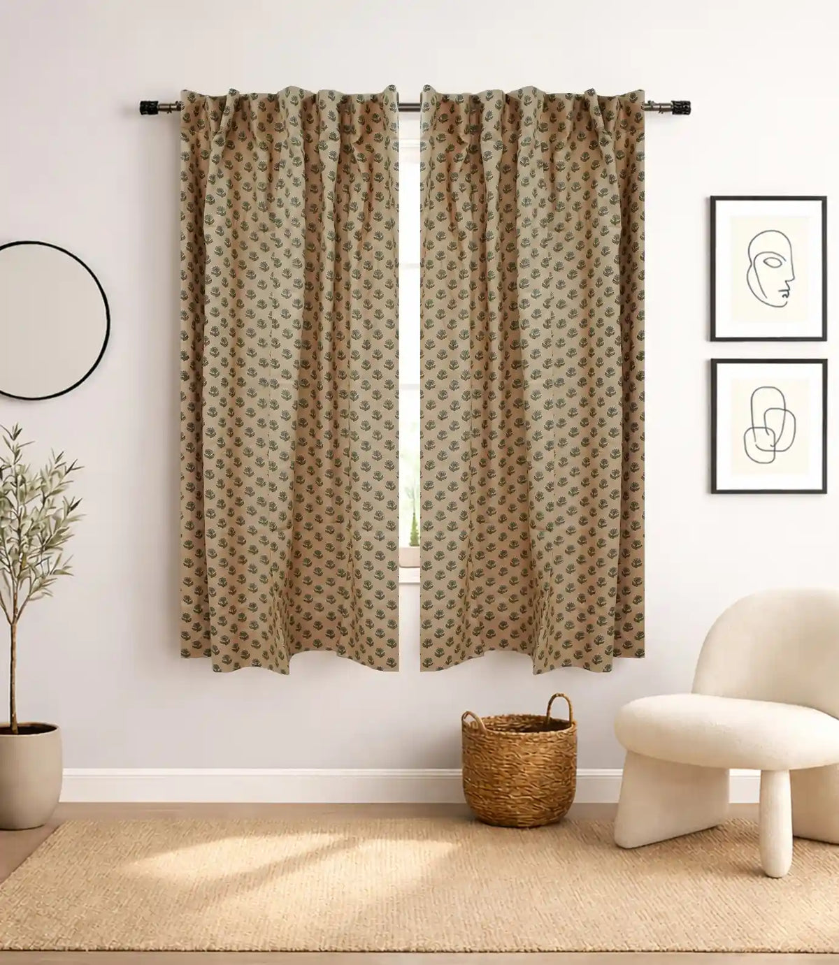 Palak Handmade Bohemian Block Print Viscose Color Linen Window Curtain