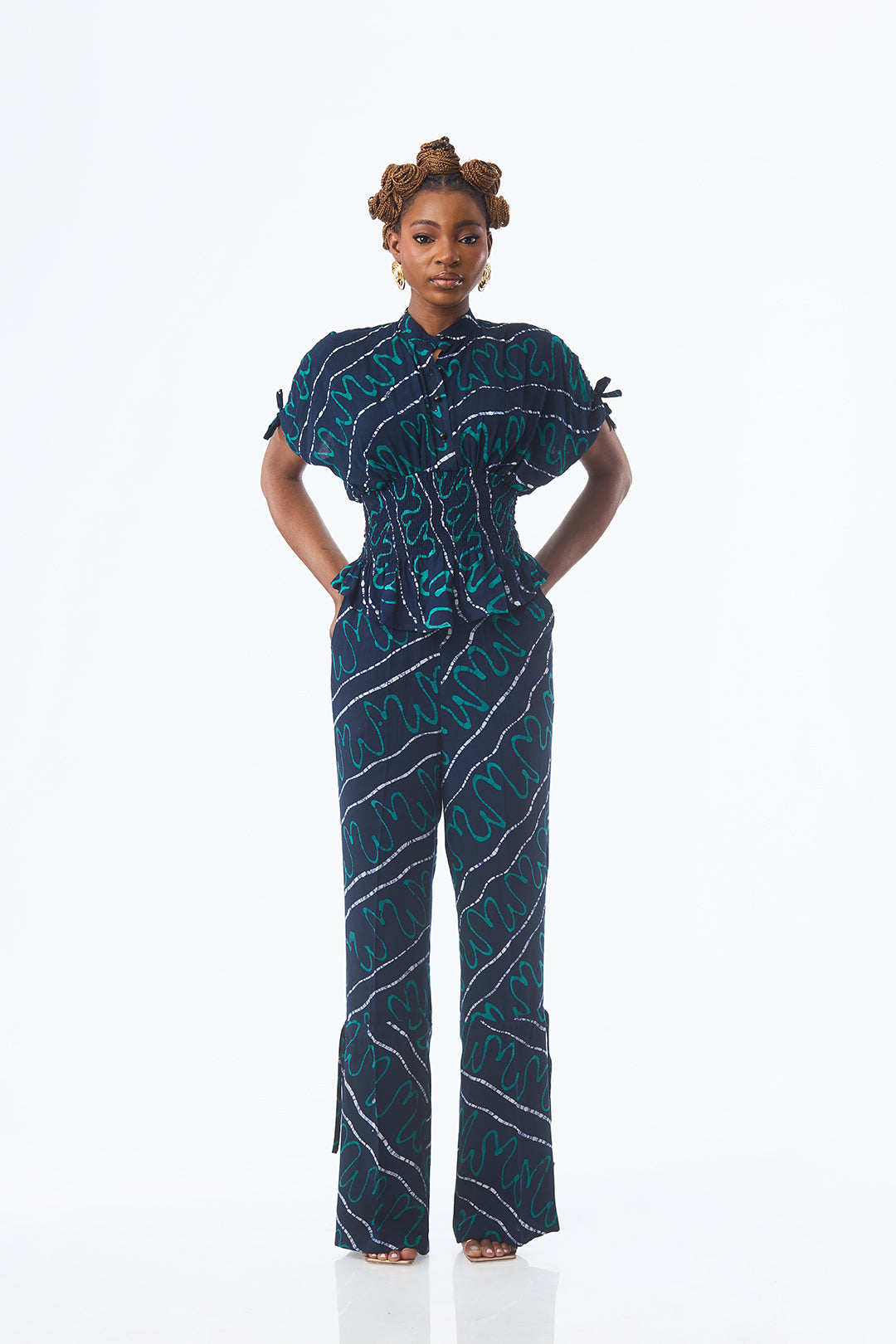 TEAL ABSTRACT WAVE DRAWSTRING PANTS
