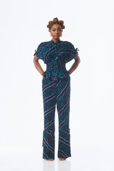 TEAL ABSTRACT WAVE DRAWSTRING PANTS