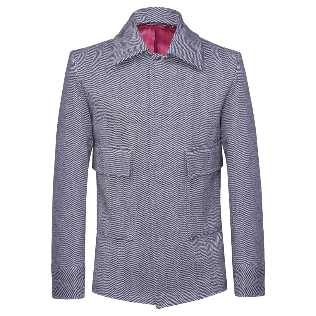 Gray casual wool jacket featuring a magnetic snap closure