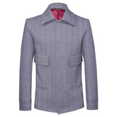 Gray casual wool jacket featuring a magnetic snap closure