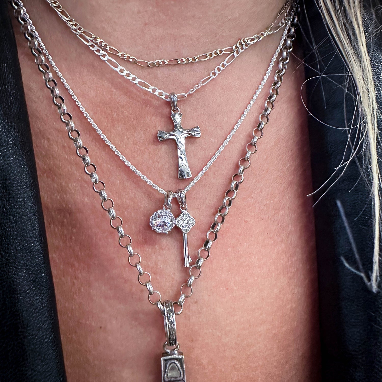 Silver Textured Cross Charm Necklace