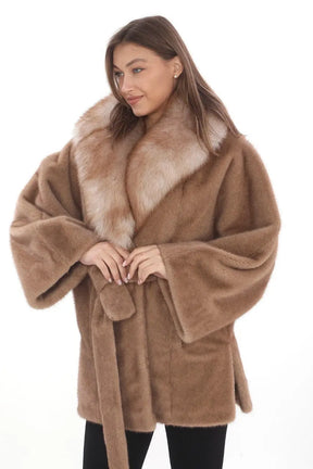 Exclusive Natural Tan Fox Fur Coat with Belted Waist