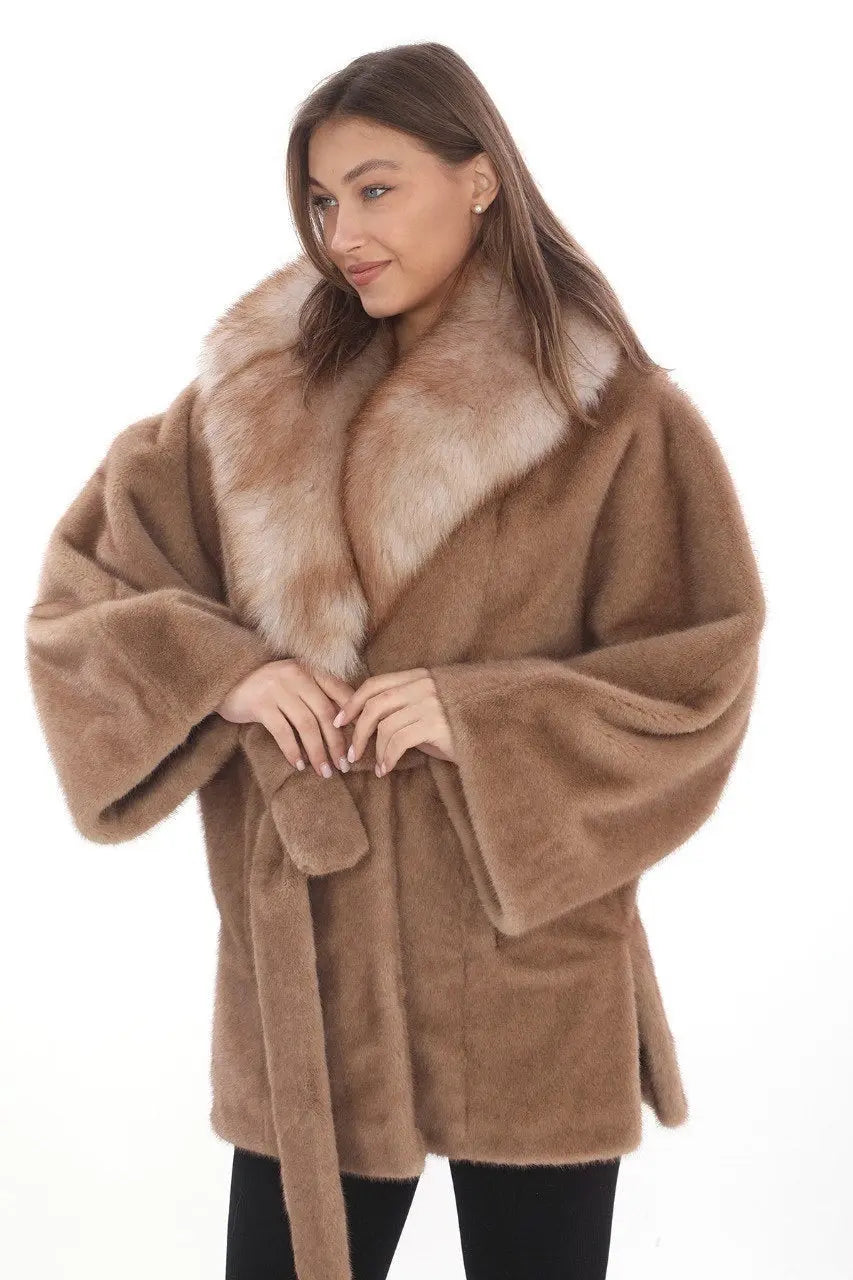 Exclusive Natural Tan Fox Fur Coat with Belted Waist