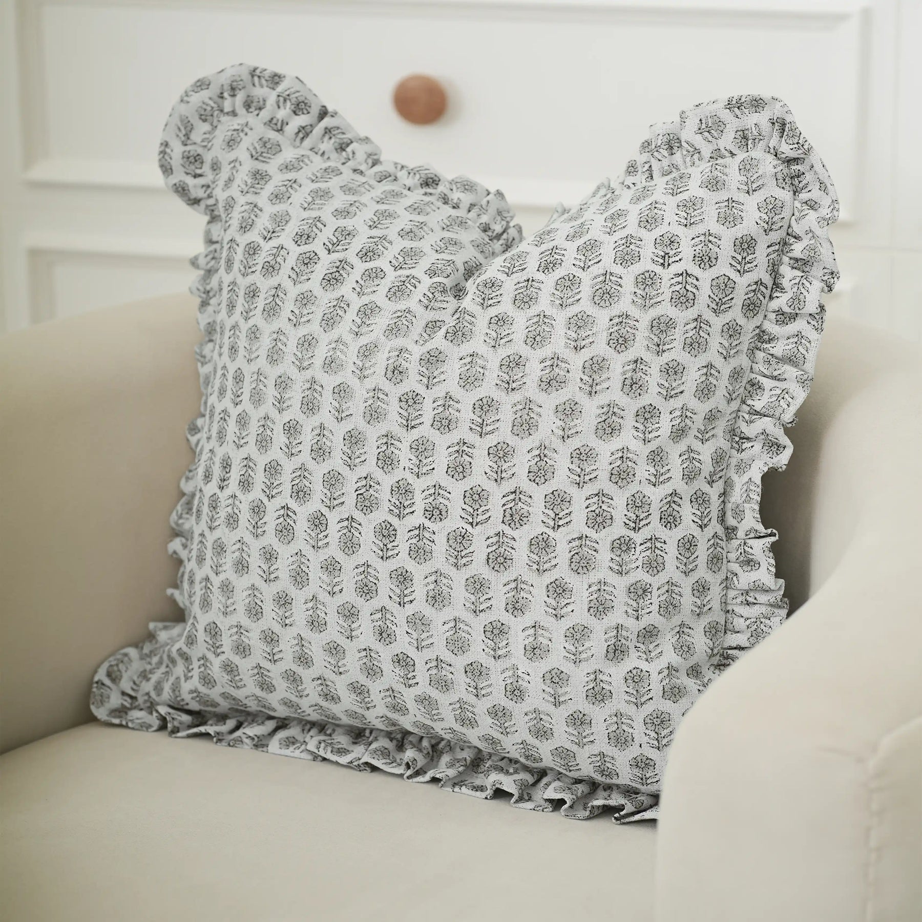 Handmade Thick Linen Block Print Throw Pillow Cover -Tulsi Buti
