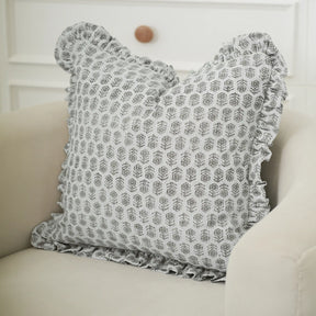 Handmade Thick Linen Block Print Throw Pillow Cover -Tulsi Buti
