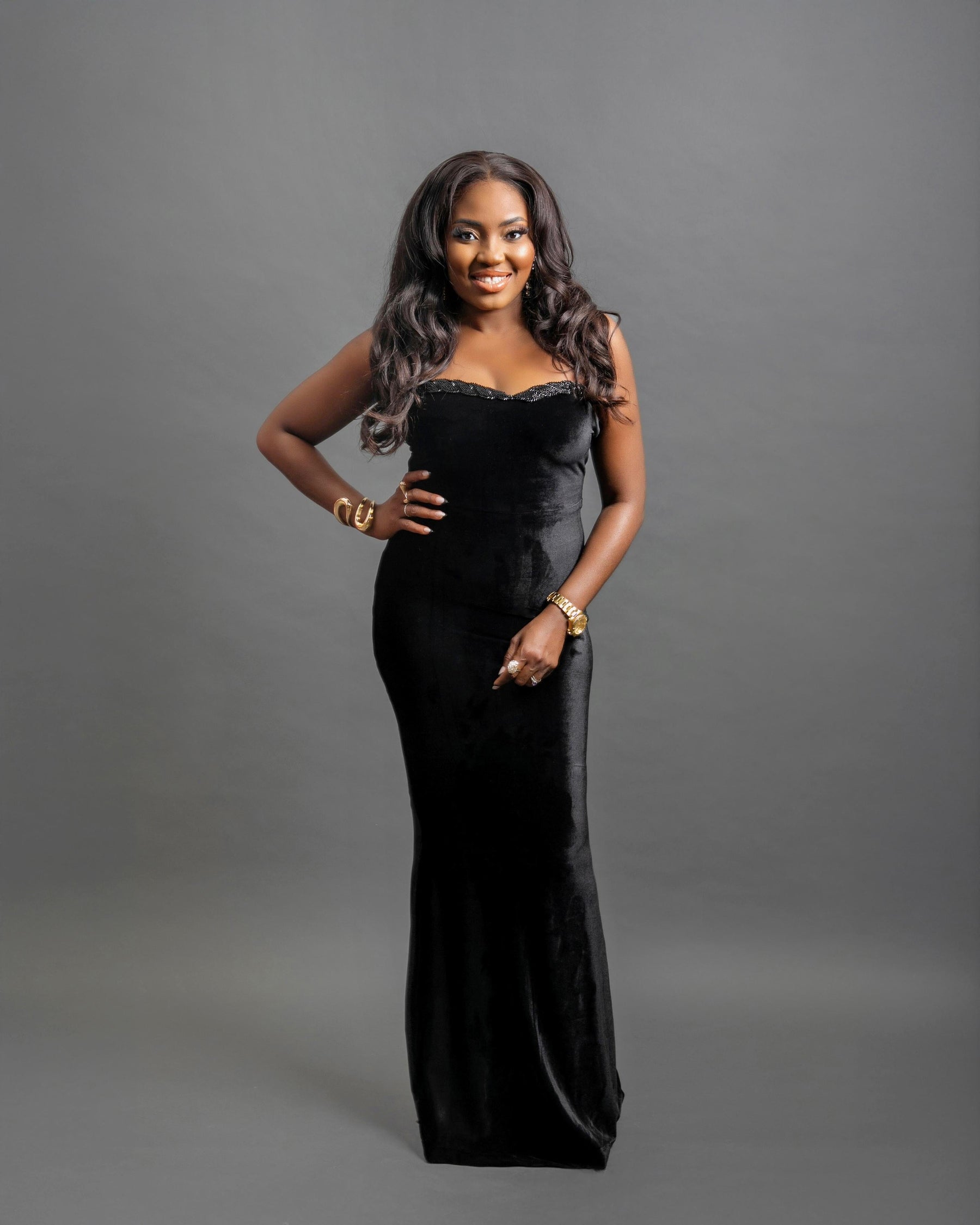 Wave Tube Velvet Black Dress with  Kimono Set