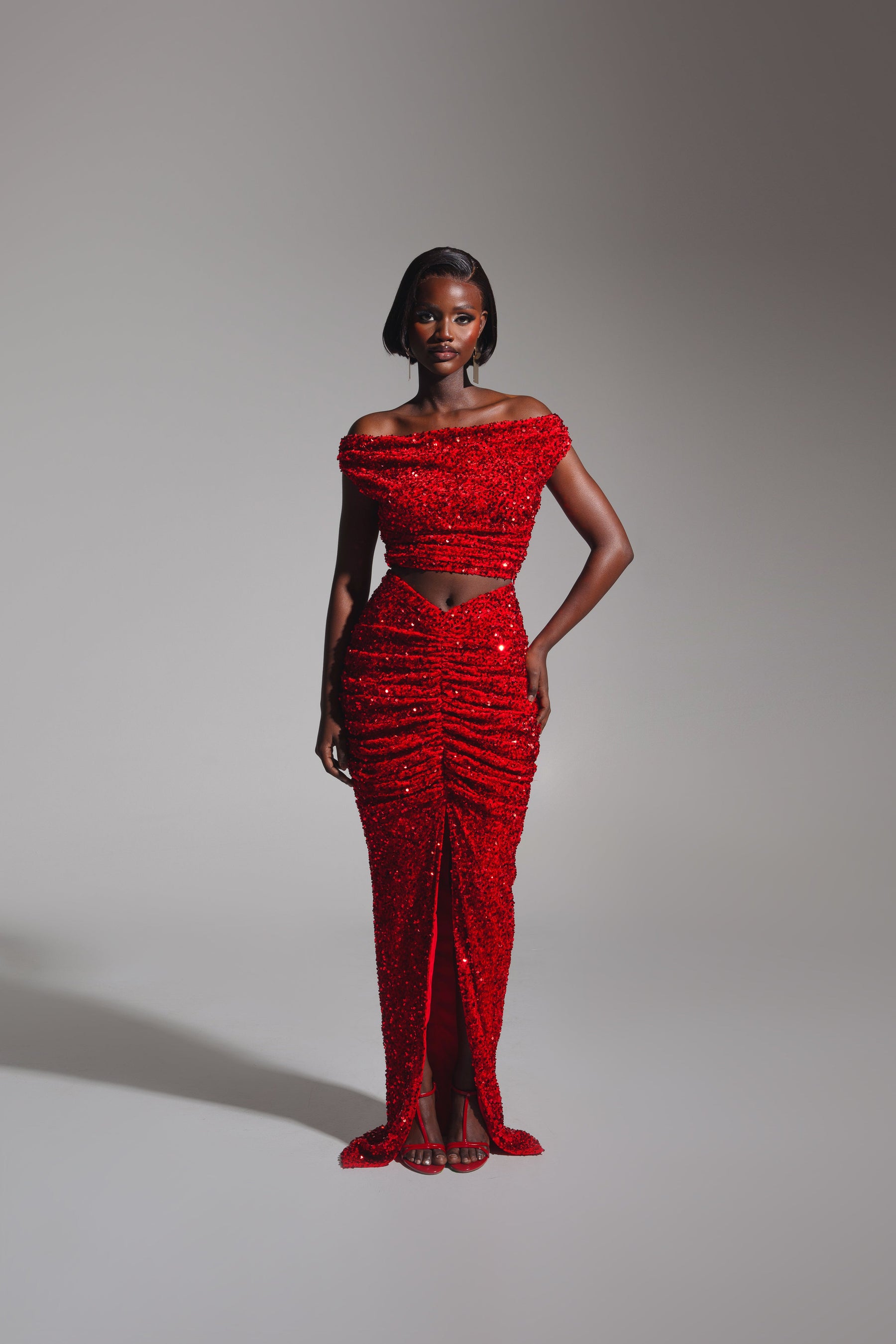 JESS Sequin Cowl Crop Top in RUBY