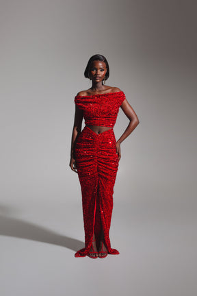 JESS Sequin Cowl Crop Top in RUBY