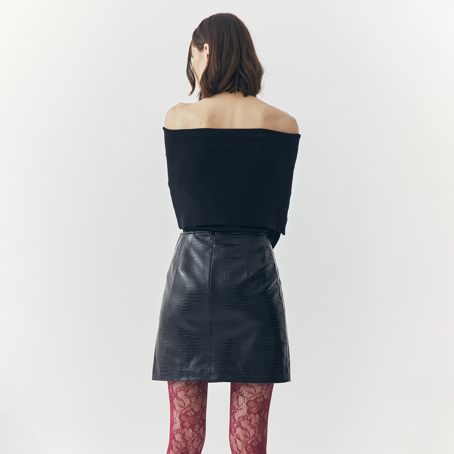 TESS BLACK CROC EMBOSSED LEATHER MINI SLIT SKIRT
