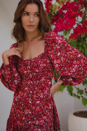 Verona Long Sleeve Midi Dress - Ruby Wildflower